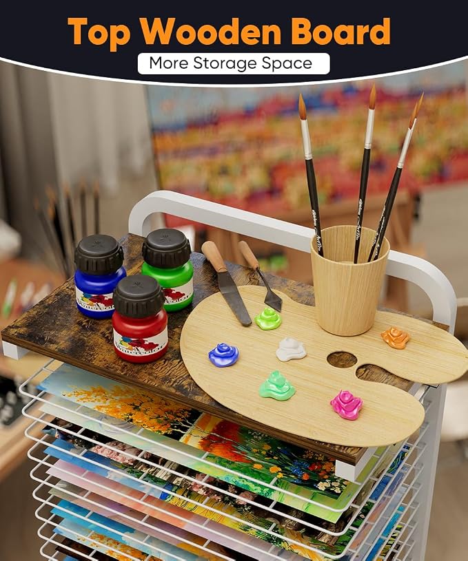 mocomax Art Drying Rack for Painting, Metal Paint Drying Stand, Movable Paint Drying Rack with Lockable Wheels, Art Canvas Storage Rack for Classroom & Art Studio, 25 Removable Shelves with Top, White