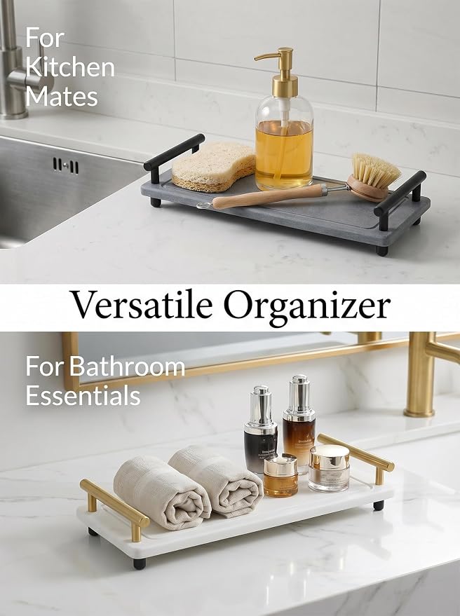 Instant Dry Sink Caddy Organizer,Diatomaceous Earth Bathroom Organizer with Handle Water Absorbing Stone Tray for Sink Water Absorbent Diatomite Coasters (L White Gold Handle)