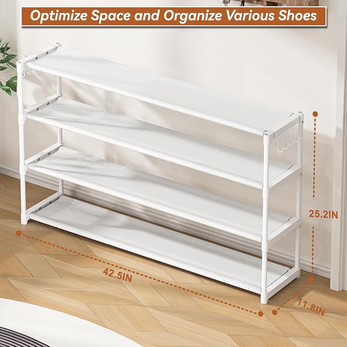 LUKYTOWER Extra Long Shoe Rack 4 Tier with 2 Hooks Shoe Storage Organizer | Wide Stackable Shoe Racks for Closet, Entryway,Shoe Shelf Stand Sturdy Durable Shoes Holder Save Space Up to 26Pairs