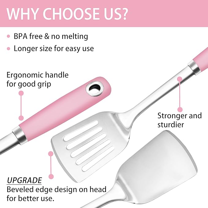 18/0 Stainless Steel Cooking Utensils Set, Heavy Duty Pink Handle for Kitchen Daily Use Party Wedding Housewarming, Dishwasher Safe, 9 Pieces