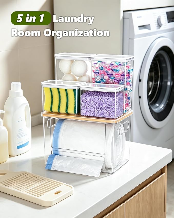 iCASA 5 in 1 Trash Bag Holder Dispenser Kitchen Under Sink Organizer | Stackable Garbage Bag Dispenser for 13/30/33 Gallon Bags, Clear Organizer Bins Dishwahser & Laundry Pods Container Storage