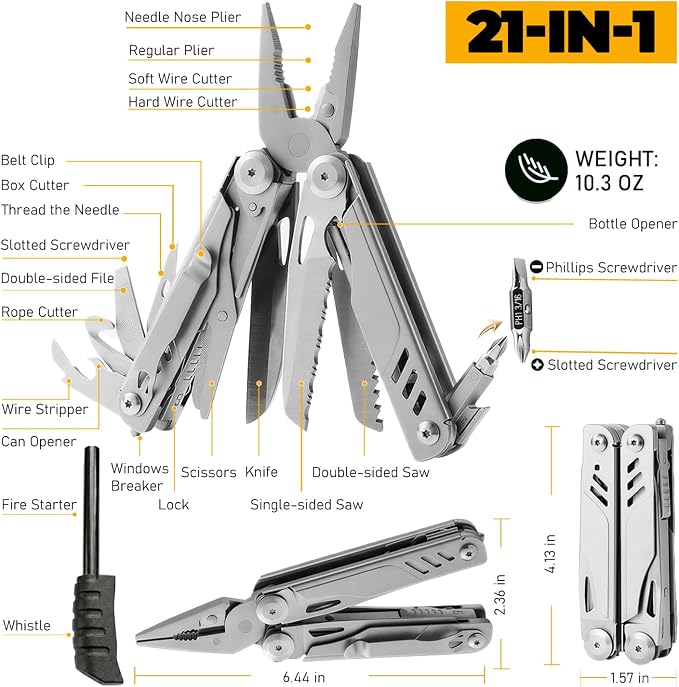 21-in-1 Multitool Pliers with Self-Locking, Pocket Knife & Clip | Stainless Steel, Cutters, Glass Breaker, Screwdriver for Outdoor Camping, Survival, DIY, Emergency – Handy Edc Gift for Men