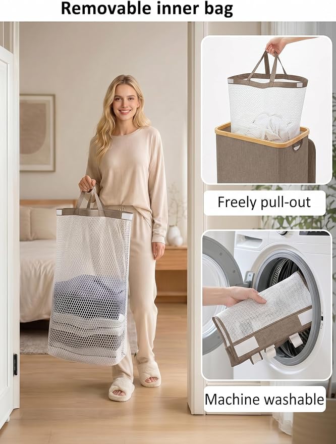 IEGrow Laundry Hamper with Lid,110L Laundry Basket with Mesh Bag,Brown | Dirty Clothes Hamper Basket with Bamboo Handle for Clothes Towels Organization