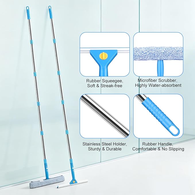 10 Feet Professional Squeegee Window Cleaner Tool with Extension Pole | Car Windshield Cleaning Kit with Long Handle, Queegee & Scrubber, Window Washing Equipment for Indoor Outdoor Windows & Glass