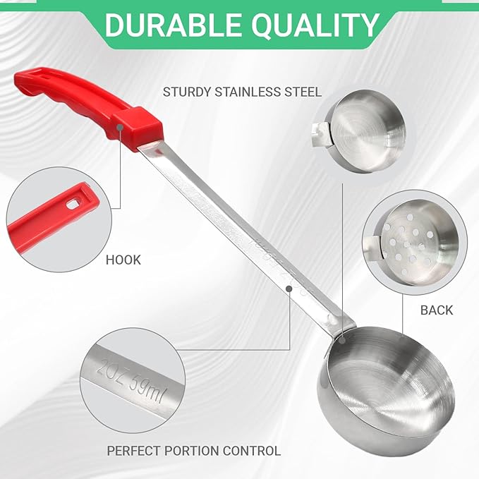 4PCS 2 oz Portion Control Serving Spoons,Measuring Ladle Scoops Food Utensils,Proportion Manage Slotted and Unslotted Scoops for Weight Loss/Kitchen(Red)