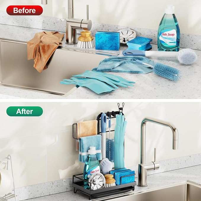 GSlife Sink Caddy Kitchen Sink Organizer - Large Sponge Holder for Brush | Drip Tray Design, Towel Bar and Glove Clip for Sponge Storage, Sink Counters, Cleaning Tools and Kitchen Daily Use