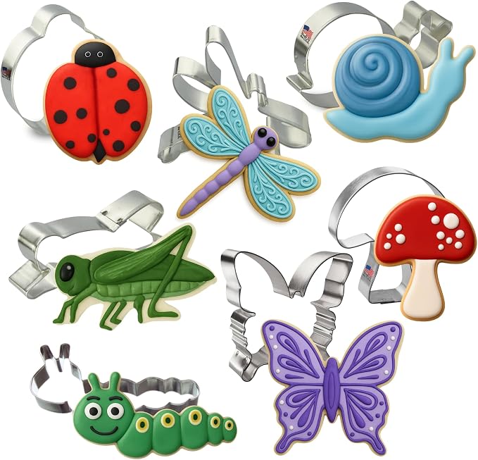 Foose Cookie Cutter 7 Piece Insect 3.5 in Dragonfly, 4.25 in Caterpillar, 3 in Ladybug, 4.5 in Butterfly, 3.5 in Grasshopper, 4.25 in Snail, 3.25 in Mushroom - USA Made