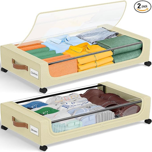 GoMaihe Under Bed Storage with Wheels: 48L Underbed Storage Containers with Lids - Rolling Bins for Shoes Clothes in Dorm Bedroom - Metal Drawers Easy Pull-out Beige 2-Pack