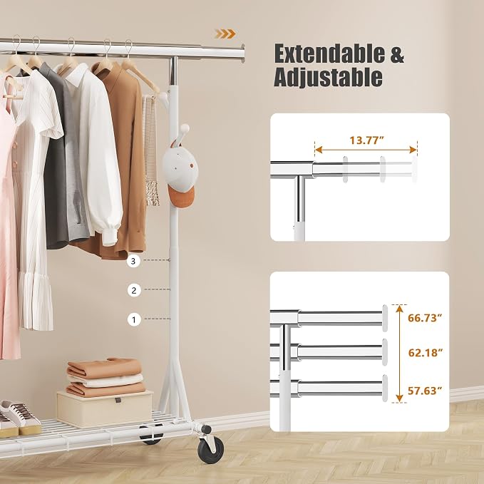 Gewudraw Clothes Rack Heavy Duty 530 LBS Capacity, Portable, Foldable,White | Rolling Clothing Rack With 4" Wheels,Shelf, Hooks, Adjustable, Collapsible, Garment Rack for Wardrobe,Bedroom, Laundry Room