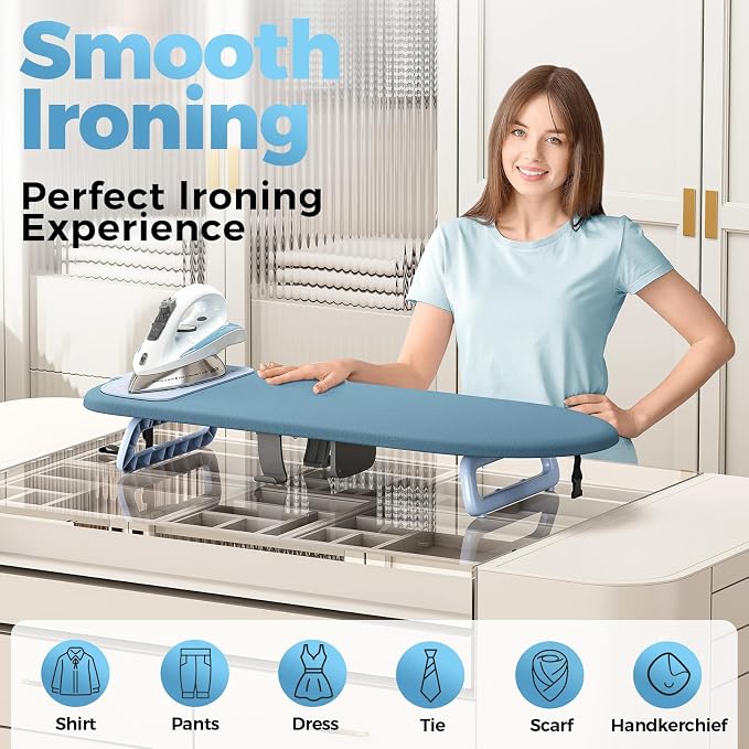 KINGBOARD Small Ironing Board with Iron Holder,Space Saving 12x32 Blue | Tabletop Ironing Board with Heat Resistant Cover, Foldable Mini Iron Board with Non-Slip Feet, Easy Storage for Travel & Dorm