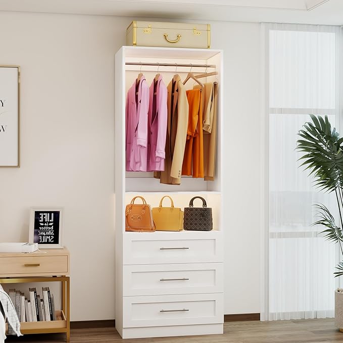Closet System with 3 Drawers, 2FT-5FT Customizable Closet Organizer System with Hanging Rods& Shelves, Fits Small Walk-in Closet, Modular Closet Tower, Wooden Freestanding Closet Storage System, White