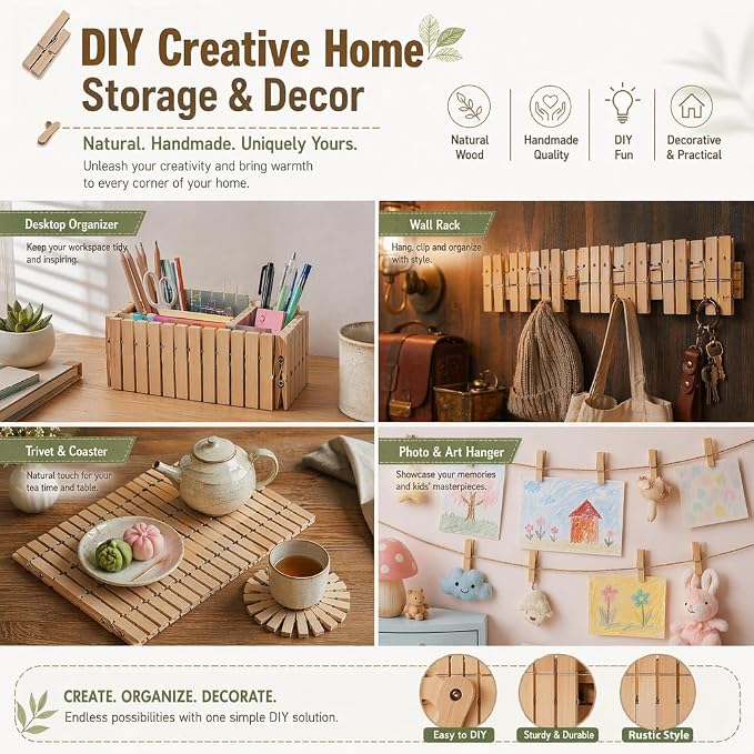 Clothes Pins Wood for Hanging Clothes,3.5 Inch【100pcs】 Heavy Duty Wooden Clothespins,Clothes Pins for Craft,Wooden Clips for Pictures. | Rust Resistant