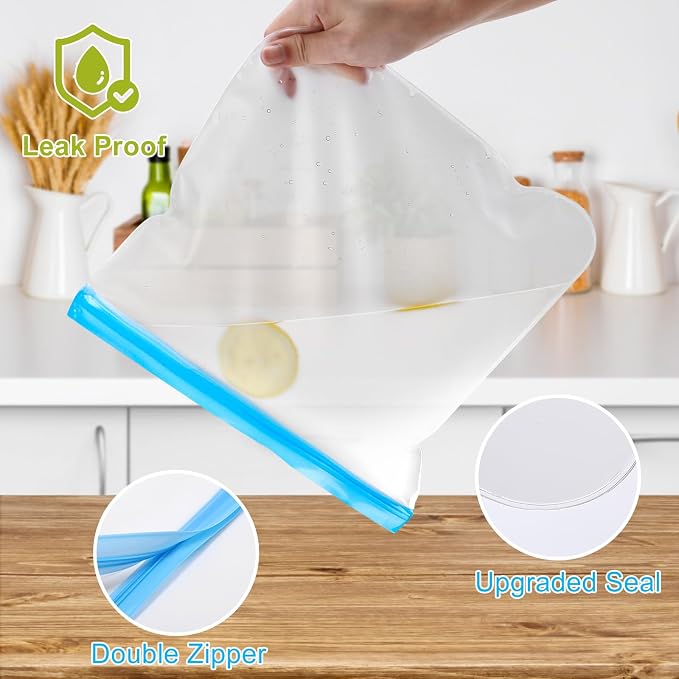 Lerine 18 Pack Reusable Gallon Freezer Bags Stand-Up Dishwasher Safe, BPA-Free Reusable Gallon Bags, Leakproof Food Storage Bags for Meat Vegetables Bread Travel (Gray, 18Gallon)
