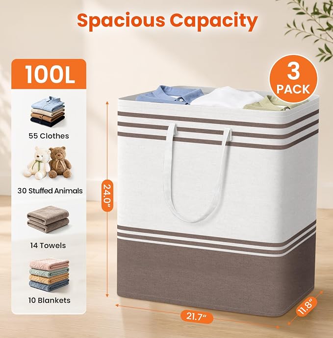 TranquilRelax 3-Pack Laundry Basket, Laundry Hamper, Khaki-100L | Freestanding＆Water-Resistant Laundry Hamper, Collapsible Tall Clothes Hamper with Carry Handles for Clothes, Laundry Basket