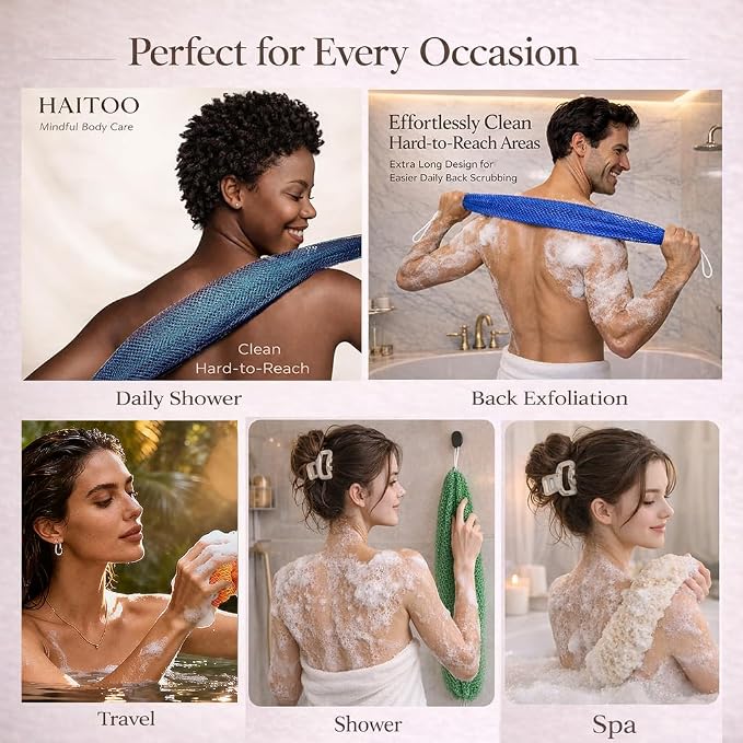 African Net Sponge Authentic Exfoliating Washcloth Body Back Scrubber 4 Pcs | 46 Inch Shower Loofah Exfoliating Bath Sponge for Women and Men Daily Use Body Care Travel Portable Accessories Spa Gifts