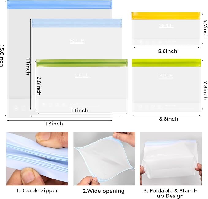 SPLF 10 Pack Stand-Up Reusable Food Storage Bags Dishwasher Safe, BPA Free Reusable Freezer Bags, Extra Thick Leakproof for Meal Prep, Sandwich, Bread, Veggies - 3 Gallon 4 Quart 3 Snack