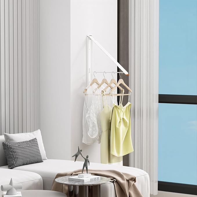 Folding Clothes Hanger Rack Wall mounted for Laundry Clothes Drying Rack | Foldable Hanger Rack Laundry Hanger Dryer Rack, Easy to Install, Closet Storage Organization, Space Saving Aluminium, White