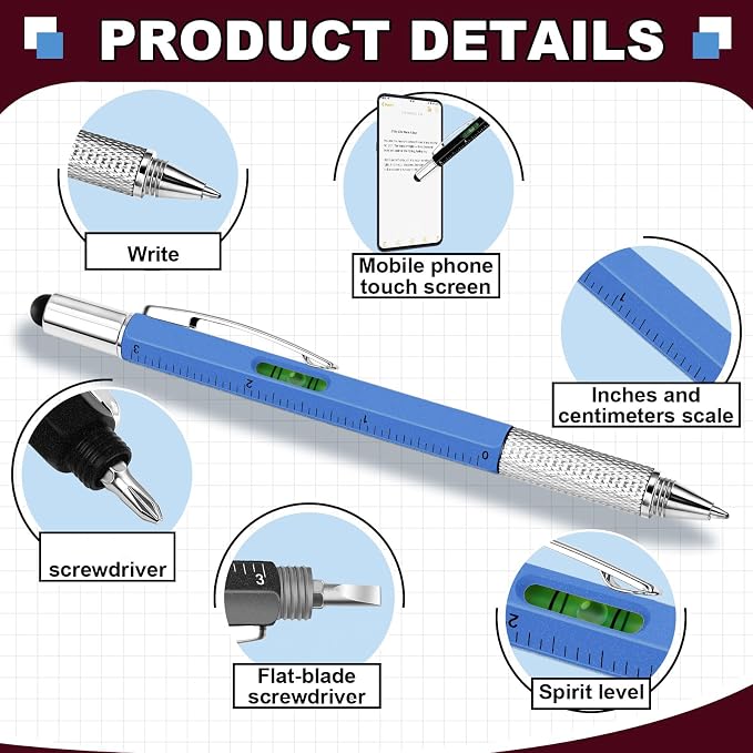 Zhanmai 16 Pcs 6 in 1 Multitool Pen Bulk Gift for Men Multi Tool Ballpoint Pen with Ruler Level Screwdriver Stylus Cool 40 Ink Refill Tool Gadget Birthday Christmas Stocking Stuffers (Multiple Colors)