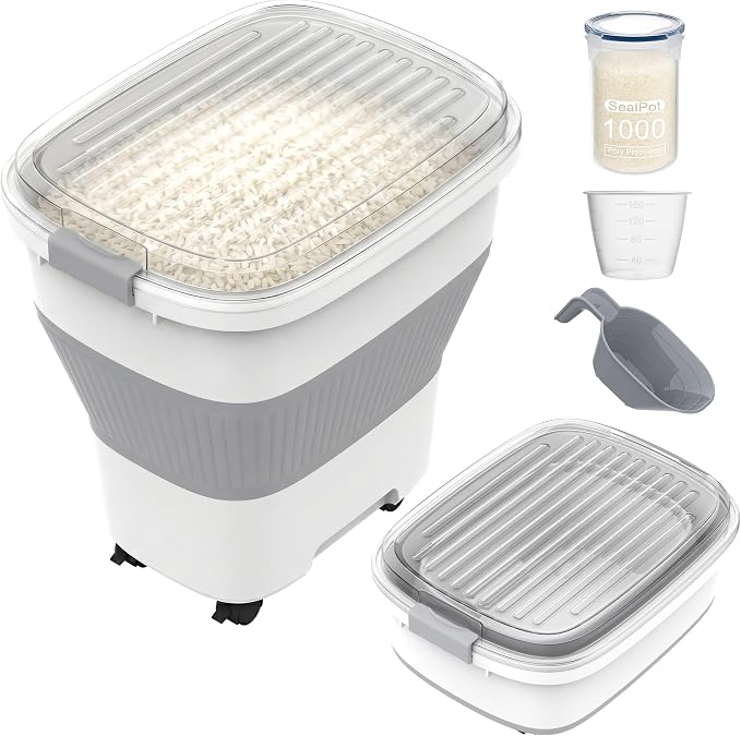 HOYTAMDAR 50Lbs Rice Container,Collapsible Food Storage Containers with Airtight Clear Lid,Wheels,Rice Storage Container with Small Bin and Scoop,Rice Dispenser for Flour Sugar Cereal Grain Dog Cat