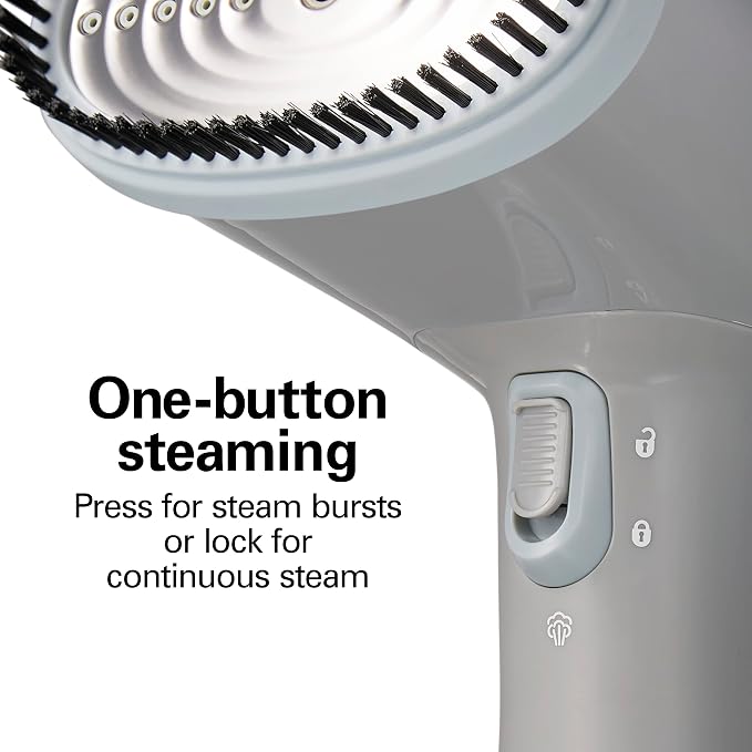 Hamilton Beach Handheld Travel Steamer for Clothes, Fabric and Drapes | Light and Handheld |Fast Heatup With 1200 Watts | 400ml Water Tank For 20 Minutes of Continuous Steam | Gray & Blue | 11557