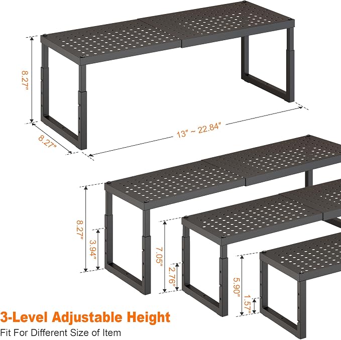 Shelf Organizer Riser For Cabinet Pantry Kitchen Countertop Cupbaord Closet | Expandable Width, Adjustable Height, Stackable As 2-Tier Shelf Rack, Snap-Button: Easily Adjust Height, Heavy Duty Metal