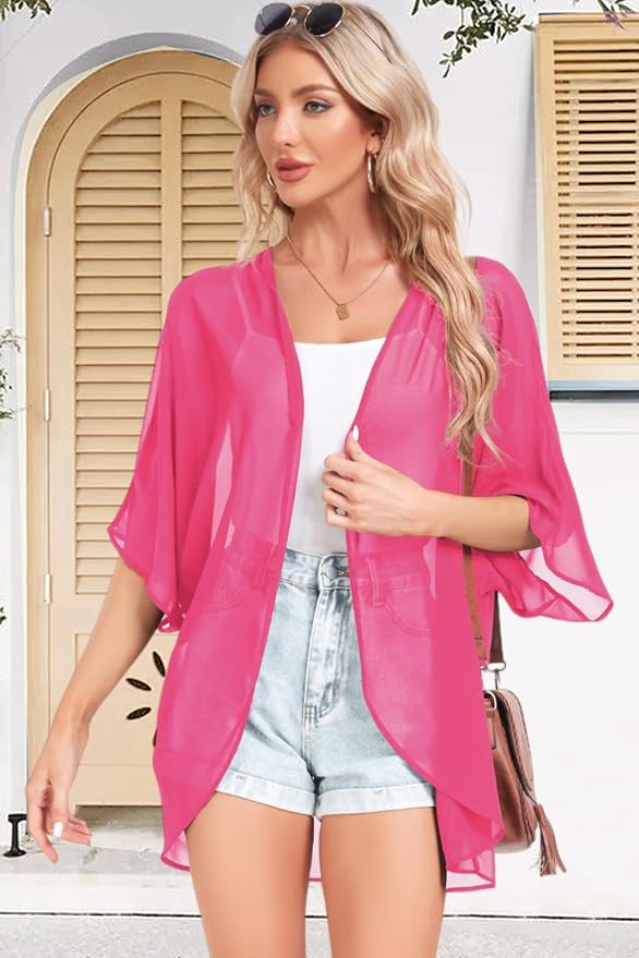 Women Kimono Cardigans Summer Cover Up Hawaiian Shirts Floral Print Tops | ROSEMIA chiffon kimono open front cardigans, beach cover ups, daily casual tops, cruise outfits, summer resort wear