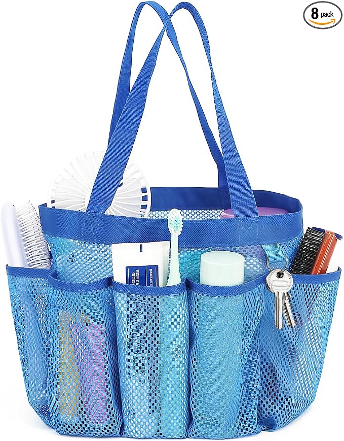 Fammart Mesh Shower Caddy Portable for College Dorm Room Essentials, Odorless Polyester Large Shower Tote Bag with Dual Handles, 8-Pocket Quick-Dry Toiletry Organizer for Travel, Beach, Camping, Gym