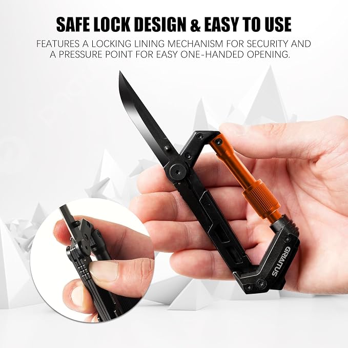 Carabiner Multitool with Pocket Knives, EDC Carabiners, Survival Gear | Serrated Knife, Rope Cutter, Screwdriver, Can Bottle Opener, Ruler, Folding Knife for Camping Hiking, Multitool (Orange)