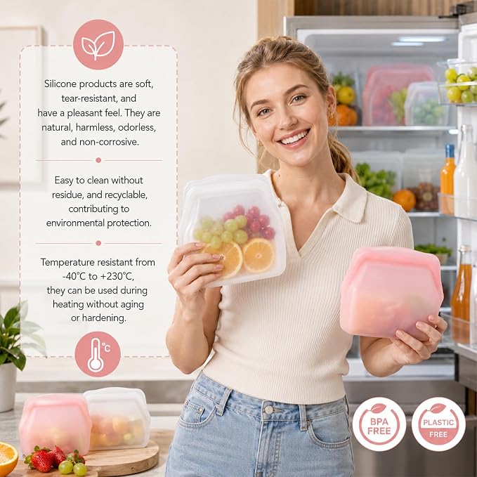 Everbag Silicone Storage, Everbag Food Storage Bags, Reusable Storage Bags, Leak-Proof Upright Freezer Bags (White+Pink)
