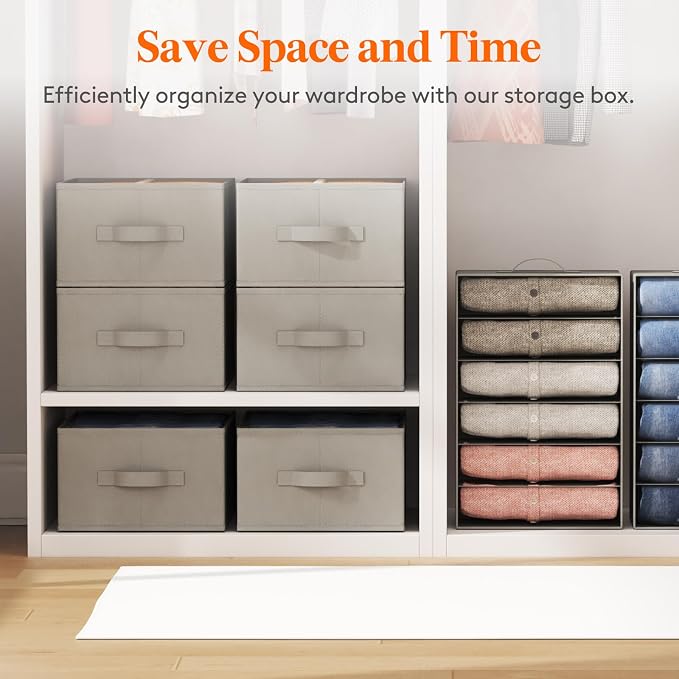 Lifewit 6 Pack Clothes Organizer, 6 Grids Closet Jean Storage Bins with Handles and Support Boards, Foldable Drawer Organizer for Sweater, Pants, T-shirt, Dress, Grey, 42 x 27 x 17 cm/16x10x7''