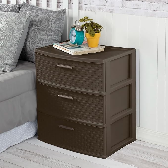 Sterilite 2 Pack 3 Drawer Wide Storage Tower, Weave Organizer, Espresso | Lightweight Opaque Home Organization Container for Bedrooms, Closets, or Bathrooms