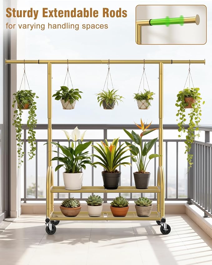 EAGMAK Heavy Duty Clothes Rack for Hanging Clothes Load 556 LBS, Height Adjustable Rolling Clothing Racks, Portable Metal Coat Rack Garment Wardrobe with Wheels and Shelves for Bedroom Laundry, Gold