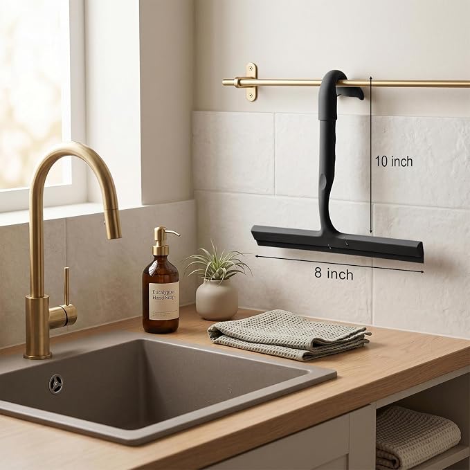 Shower Squeegee for Glass Doors, 10 Inch Silicone Shower Squeegee with Built-in Hook, Squeegee for Shower Glass, Bathroom Shower Door Squeegee for Tile Wall, Mirror, Window, Car Glass (Black)