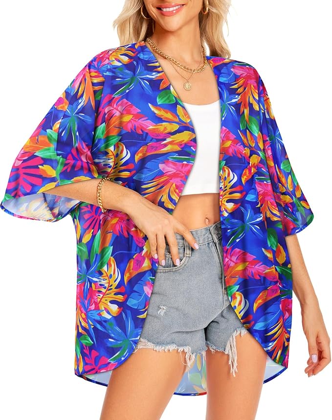 Women Kimono Cardigans Summer Cover Up Hawaiian Shirts Floral Print Tops | ROSEMIA chiffon kimono open front cardigans, beach cover ups, daily casual tops, cruise outfits, summer resort wear