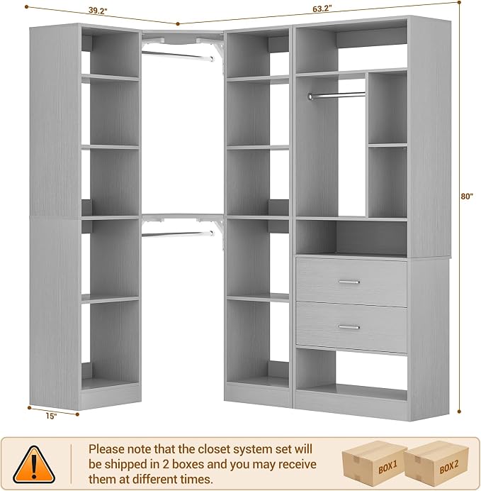 Besiost Corner Closet System with 2 Sets, 63.2" Corner Closet Organizer System with 2 Drawers + 18 Shelves + 3 Hanging Rods, Reversible L Shaped Walk-in Closets, Grey (63.2" L x 39.2" W x 80" H)