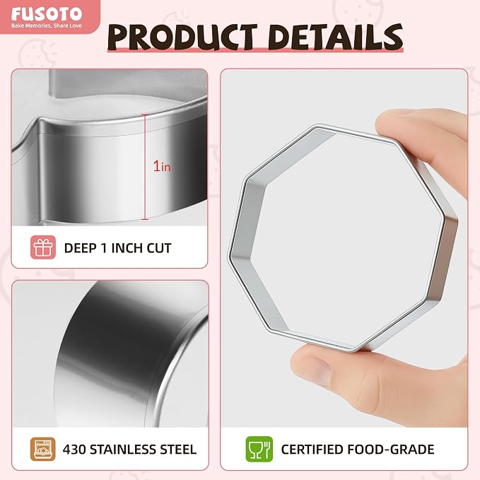 FUSOTO 6PCS Octagon Cookie Cutters Set, Stainless Steel Kitchen Baking Supplies, for Biscuit, Homemade Cookies, Cake Decorating, Geometric Cookie Cutter, (1.5", 2", 2.5", 3", 3.5", 4"), Octagon