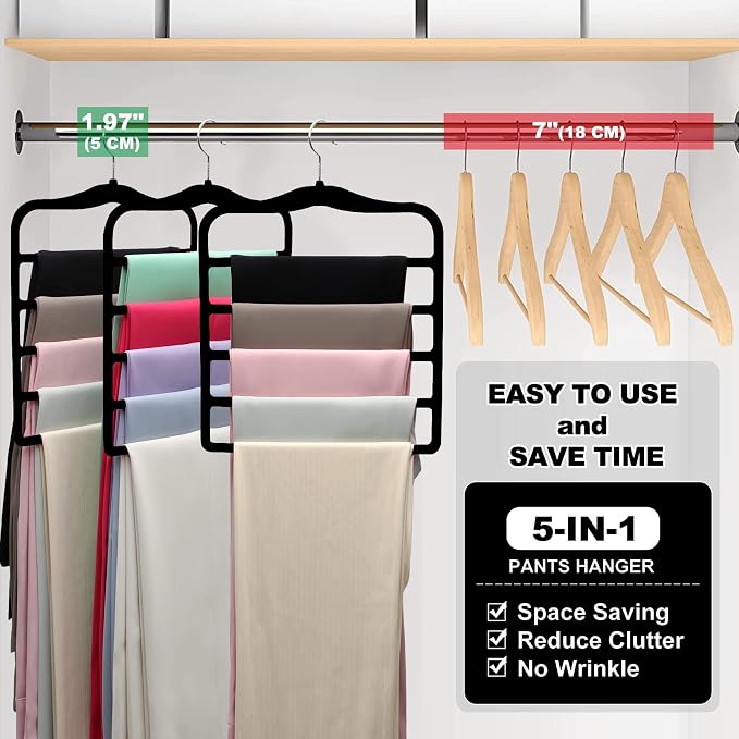 Closet Organizers and Storage, 5 Pack Velvet Pants-Hangers-Space-Saving | Non Silp 5 Tier Scarf Jeans Organizer, Dorm Room Essentials for College Students Girls Boys Guys, Home Storage