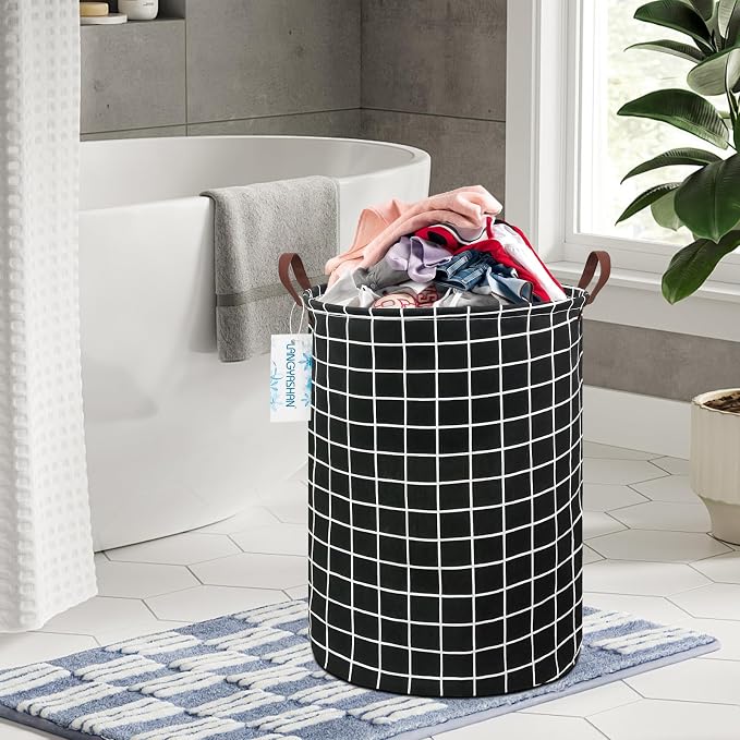 Round Laundry Basket Collapsible Storage Hamper Organizer Black Grid | Waterproof Canvas Foldable Baskets with sturdy Handles Multi-scene Organizer for Home Play Bedroom Gift Bin