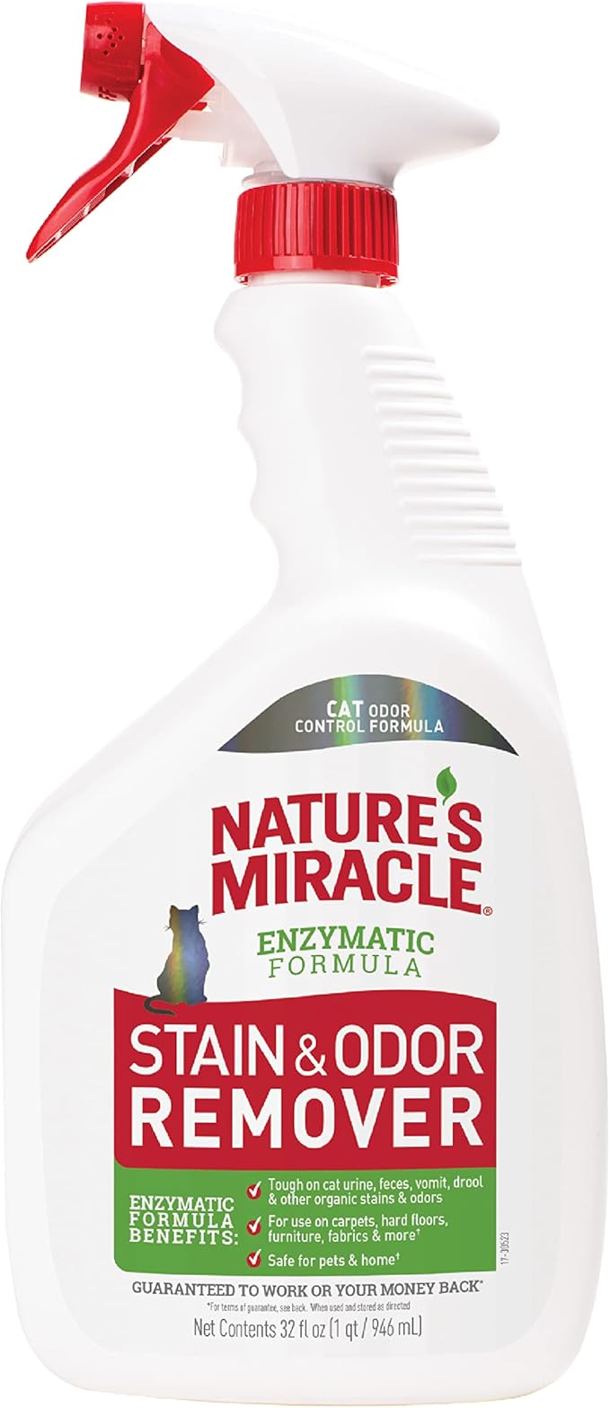 Nature's Miracle Cat Stain and Odor Remover With New Odor Control Formula 32 Ounce Spray | Tough on Cat Urine, Feces, Vomit, Drool and Other Organic Stains and Odors, For Multiple Surfaces, Fresh Scent