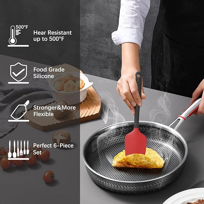 Silicone Spatula Set, 6 Pieces Food Grade Kitchen Utensils with Silicone Brush Heat Resistant Dishwasher Safe BPA-free Rubber Spatula for Scraping, Baking, Cooking, Mixing (Red)