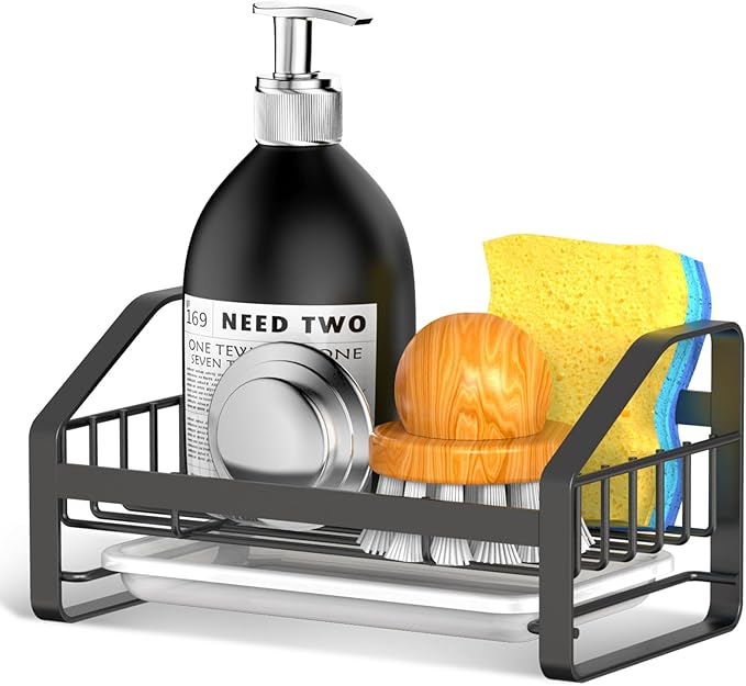 BSKSSK Sink Caddy, Sponge Holder for Kitchen Sink, Bathroom Sink Organizer, 304 Stainless Steel Kitchen Countertop Organizer Soap Tray with Removable Drain Tray-Black