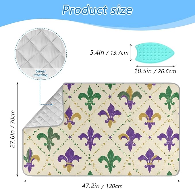 Ironing Mat Portable Ironing Pad Blanket with Silicone Iron Rest for Table Top Travel Heat Resistant Double-Side Using Large 47x28 Inch Foldable Beige Fleur-de-lis Shrove Tuesday