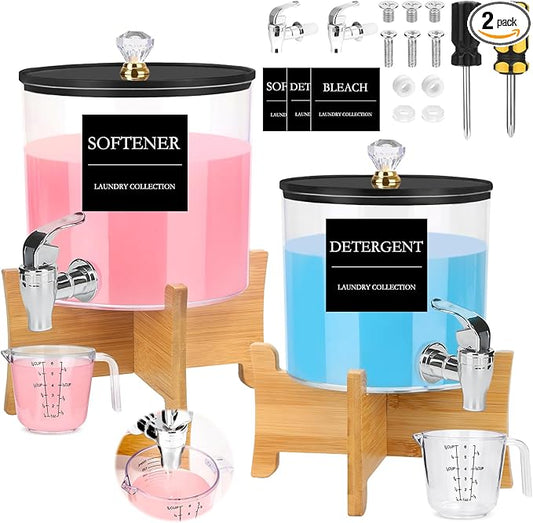 Laundry Detergent Dispenser Set 2 Pack Large & Small Liquid Laundry Soap Dispensers with Bamboo Stands Acrylic Laundry Detergent Containers Total Capacity About 1.25 Gallons Laundry Room Organization