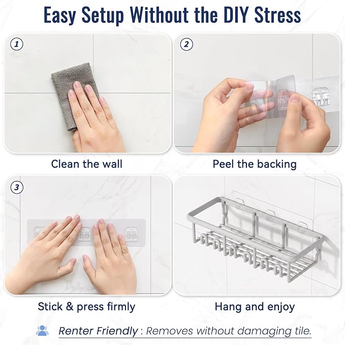 8 Pack Adhesive Rustproof Shower Caddy with Soap Dishes, Toothbrush Holder & Hooks, Large Capacity No-Drilling Shower Shelves Rack for Bathroom Organizers and Storage Accessories, Light Gray