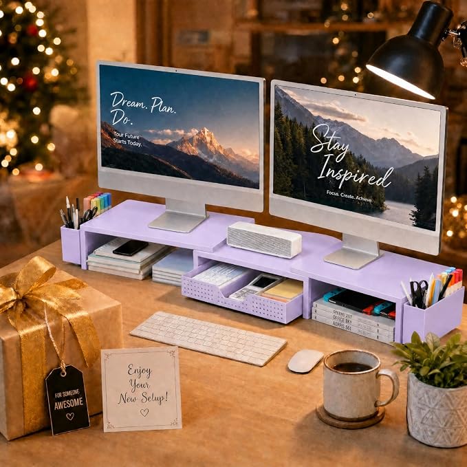 OPNICE Desk Organizers and Accessories, Dual Monitor Stand Riser with Drawer and 2 Pen Holders, Desk Shelf Computer Racks for Office Workspace Organizers, Desktop Organization (Purple)