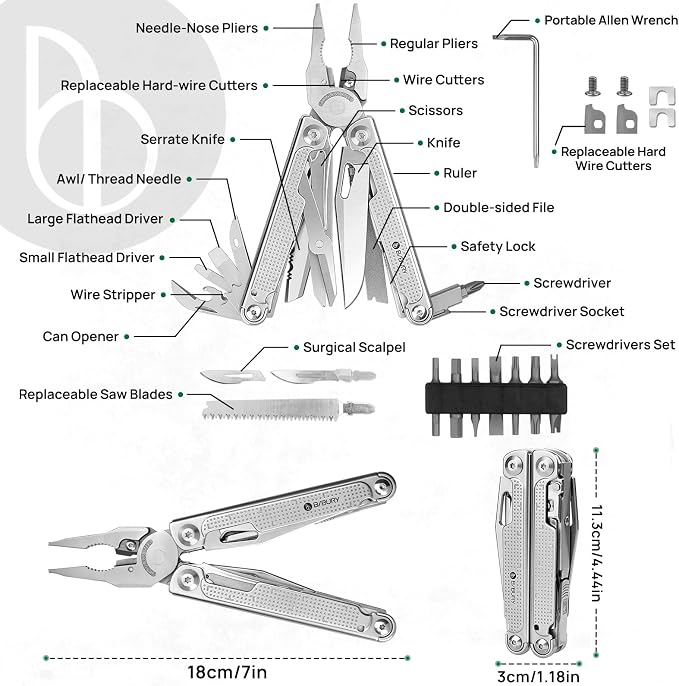 BIBURY Multitool Pliers Pro BI2049, EDC Multi Tool with 90HRA Replaceable YG12 Tungsten Wire Cutters, 440A Knife, T-Shank Wood Saw & Scissors, EDC Gear for Camping Hiking, Fathers Day Gift for Men