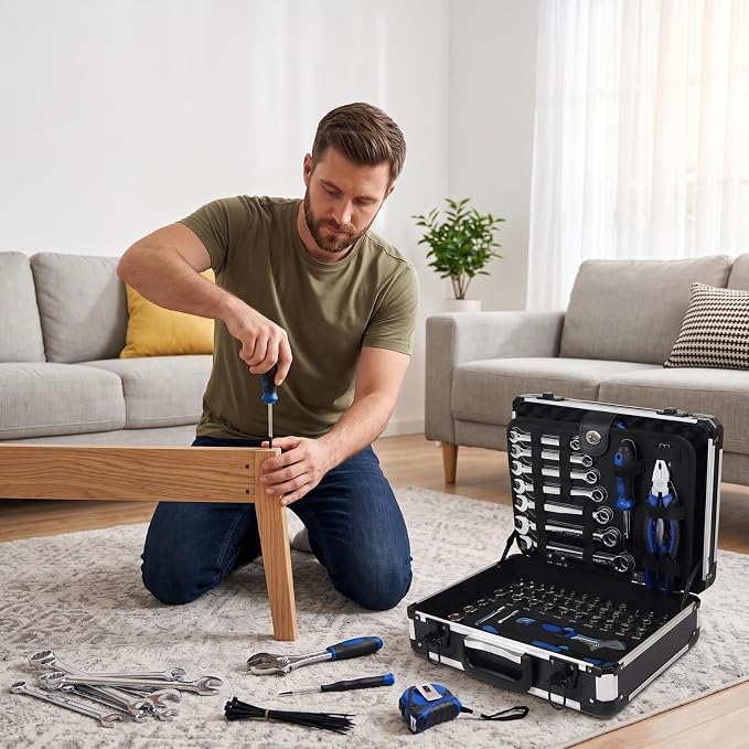 Prostormer Mechanic Tool Set, 219-Piece Basic Hand Tool Kit | 1/4" & 3/8" SAE and Metric Sockets, with Aluminium Tool Box, General for Home Repair & Car Maintenance