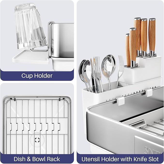 SNTD 304 Stainless Steel Dish Drying Rack for Small Kitchen Counter, White | Rustproof, Large Capacity, Heavy-Duty Frame, Rotating Spout, Angled Drainboard, Removable Cup & Utensil Holder