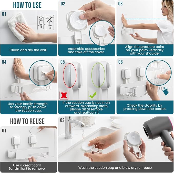 TAILI Shower Caddy Suction Cup Stainless Steel Rustproof Shower Shelves, No Drilling Wall Mounted Basket, Upgraded Removable Suction Cup Bathroom,White 3pack