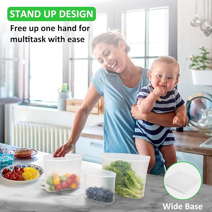 100% Platinum Silicone Reusable Storage Bags, 12 Pack, Premium Silicone Food Storage Bag Stand-Up Wide-Mouth Zip-Lock, Microwave Dishwasher Safe, 4 M + 4 S + 4 XS, Crystal-Clear